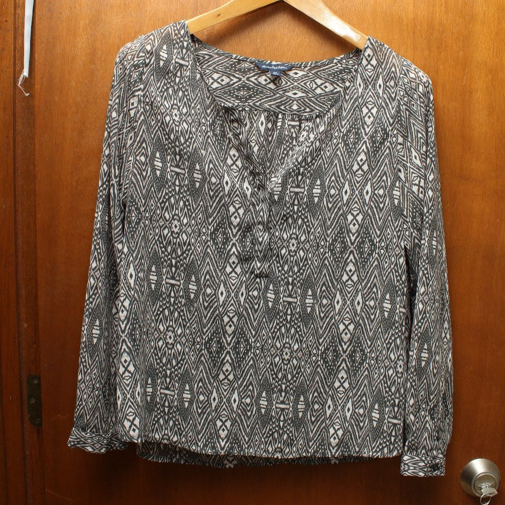 Sheer Tribal Print Long Sleeve Pullover Blouse